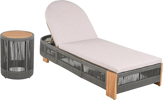 Outdoor Chaise Lounge Set, Patio Chaise Lounge Chairs with Side Table, Teak Chaise Lounge Outdoor with Adjustable Backrest, Teak Faux Wood Side Table and Beige Cushions for Outdoor Use (Grey-3pcs)