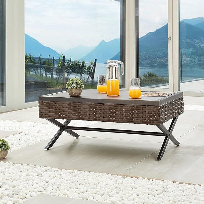 LOKATSE Home Outdoor Side Wicker Table Patio Rattan Bistro Furniture Metal Frame End Coffee Tables with X Shaped Steel - Photo 1