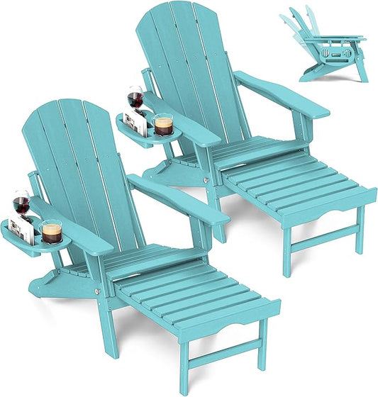 FOOWIN Adirondack Chair with Retractable Ottoman,HDPE Folding Adjustable Adirondack Chair w/4 in 1 Cup Holder Trays,All-Weather Resistant Fire Pit Chair for Outdoor Patio Lawn Set of 2 Lake Blue