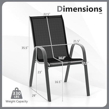 COSTWAY Patio Dining Chairs Set of 4, Stackable Outdoor Chairs with Armrest and High Back, Breathable Fabric & Metal Frame Chair for Garden Poolside Backyard Deck (Black)