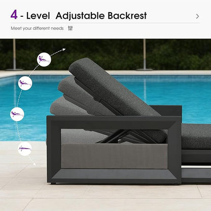 PURPLE LEAF Outdoor Chaise Lounge Set of 2 Reclining 2 in 1 Design Lounger Chair with Cushion Deluxe Aluminum Oversize Pool Lounge Chairs with Armrests & Backrest for Patio Poolside Backyard, Grey