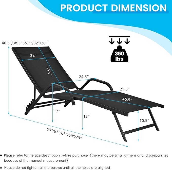 Tangkula Outdoor Patio Chaise Lounge Chairs, Reclining Lounge Chairs with 5-Position Adjustable Backrest & Breathable Fabric, Outdoor Recliner Chairs for Lawn, Poolside & Backyard, Set of 2 (2, Black)