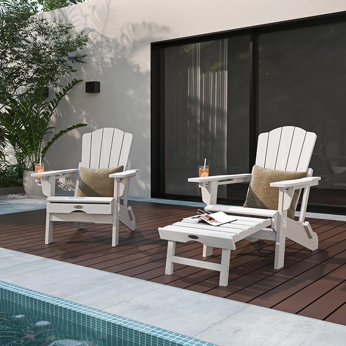 Adjustable Adirondack Chairs with Retractable Ottoman Set of 8, HDEP Folding Adirondack Chair with Footrest & Cup Holder, All Weather Fire Pit Chair for Outdoor,White