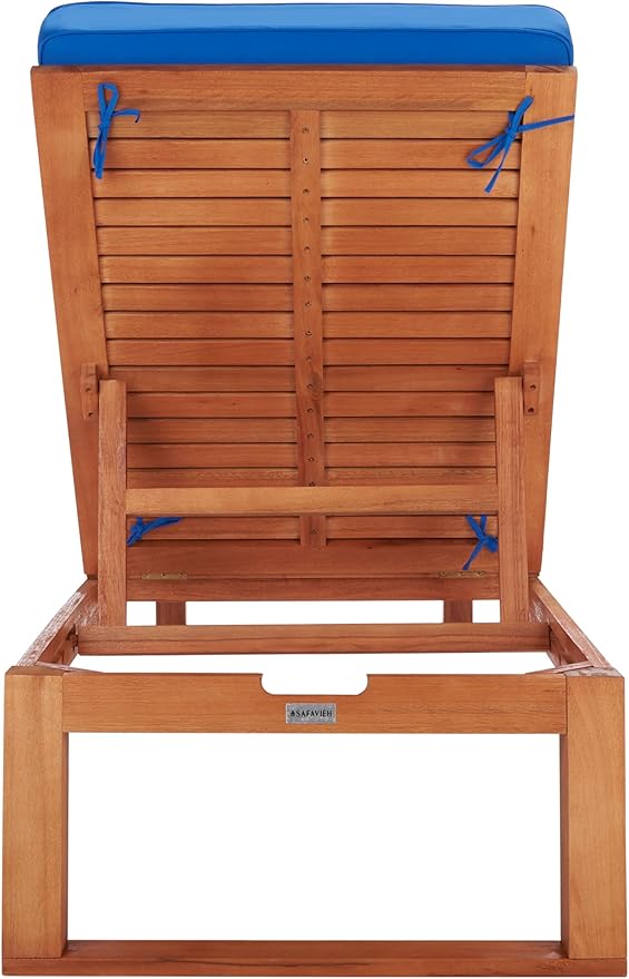SAFAVIEH Outdoor Collection Solano Natural Brown Solid Wood/Royal Blue Cushion Patio Adjustable Chaise Lounge Chair - Photo 5