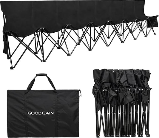 G GOOD GAIN Portable Soccer Bench - Team Bench Soccer 8 Seats with Bag, Sideline Folding Bench, Folded Chair Seating 8 for Football Camp Outdoor Sport Events, Team Chairs for Adults, Black
