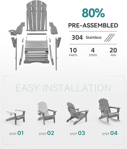 Adjustable Adirondack Rocking Chair with Retractable Ottoman, 4-in-1 Multifunctional Folding Patio Chair with Cup Holder, Outdoor Chair Wood Texture for Lawn, Porch, Backyard, Pool(Grey)