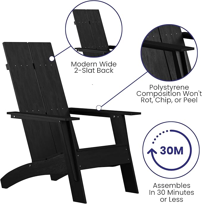 EMMA + OLIVER Black Modern Dual Slat Back Indoor/Outdoor Adirondack Style Patio Chair