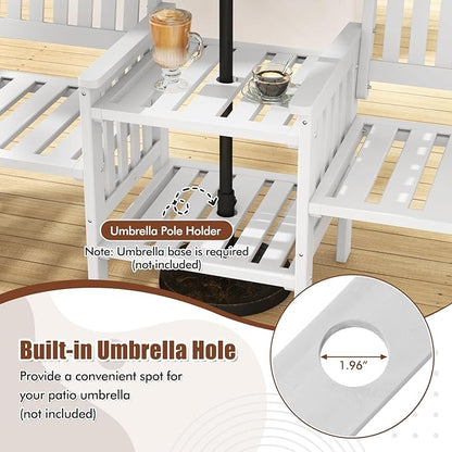Tangkula Outdoor Wood Loveseat with 2-Tier Side Table and Umbrella Hole, 2-Seater Patio Garden Bench with Armrests and Slatted Seats, Outdoor Table and Chairs Set for Porch and Balcony