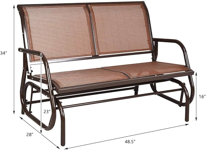 LDAILY LUARANE Swing Glider Chair, Heavy-Duty Steel Frame 2-Person Outdoor Swing Bench, Sliding Rocker Double Seat Suitable for Backyard, Garden, Poolside, Lawn (Brown)
