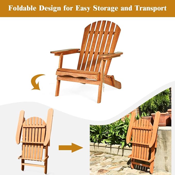Giantex Adirondack Chair Set 3-Piece Foldable Wooden Chairs Set W/Widened Armrest, Eucalyptus Frame and Side Table Outdoor & Indoor Table Set for Patio Poolside Garden, Set of 3 Wooden Lounger Chair