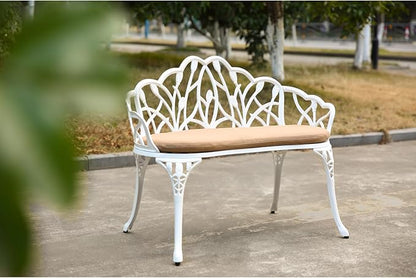 Patio Garden Bench Metal Cast Aluminum Outdoor Furniture with Floral Rose White Weather-Resistant Decor Porch & Yard