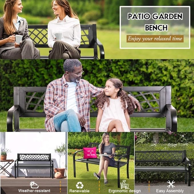 Metal Outdoor Patio Bench with Armrests Black Park Bench Cast Iron Sturdy Steel Frame Furniture Chair for Garden Park Yard Front Porch Path Lawn Work Entryway, 400lbs
