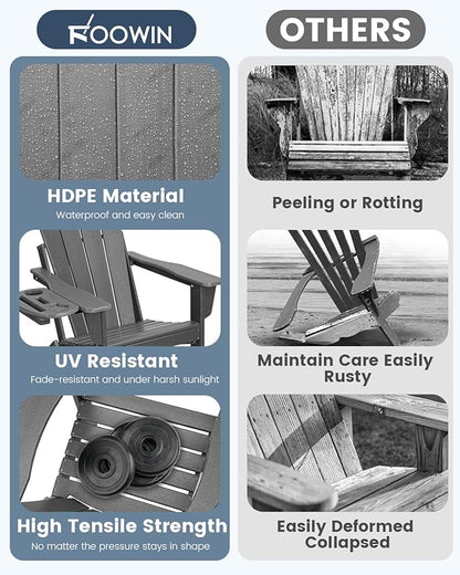 FOOWIN Folding Adirondack Chair, HDPE Adirondack Chairs with Cup Holder, Weather Resistant Plastic Fire Pit Chairs for Outdoor, Patio, Lawn, Garden, Backyard, Deck, Grey