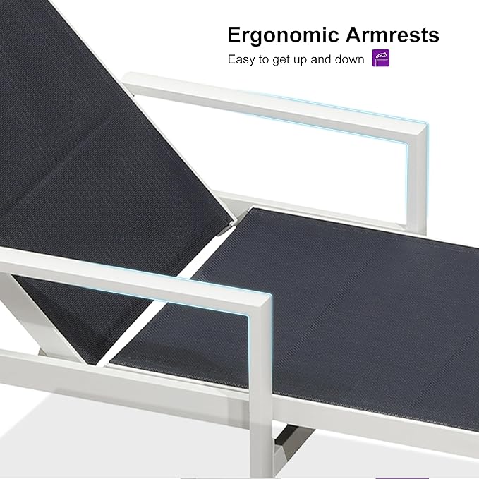 PURPLE LEAF Outdoor Chaise Lounge Adjustable Sunbathing Recliner with Armrest Navy Blue 2 Sets - Photo 5