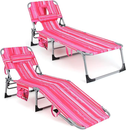 Goplus Tanning Chair, Folding Adjustable Patio Lounge Chair with Face Hole, Removable Pillow, 330LBS, Carry Strap, Outdoor Sunbathing Chair, Lightweight Portable Beach Lounge Chair, No Assembly