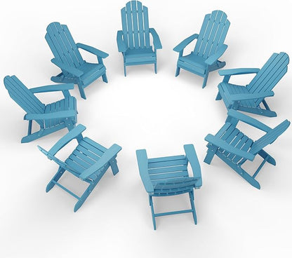 MXIMU Folding Adirondack Chair for Outdoor: Easy to Assemble and Comfortable Adirondack Chairs Set of 8 - All Weather Composite Plastic Chair for Outside Fire Pit Patio Lawn Garden Backyard Use(Blue)
