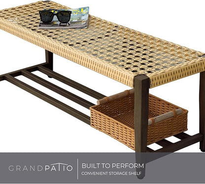 Grand patio Outdoor Wicker Bench with Storage 2-Seat Patio Bench for Garden Porch Living Room Bedroom