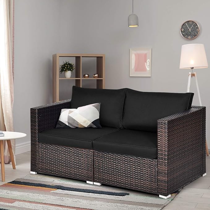 Tangkula 2 Seat Outdoor Wicker Loveseat Sofa Set, Modular PE Rattan 2 Pieces Outdoor Wicker Corner Sofa - Photo 5