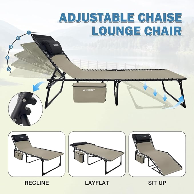 Folding Lounge Chair Outdoor with Insulated Cooler Bag Portable for Outside Patio Chaise Lounge Chair 5-Position with - Photo 5