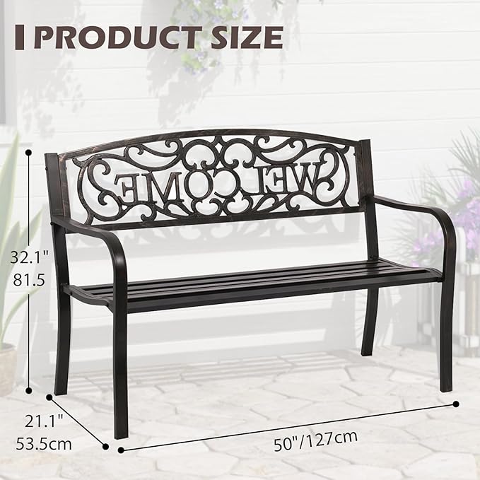 Outdoor Garden Bench Metal Furniture Chair Porch Chair for Yard & Park, Bronze