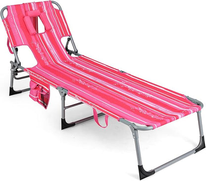 COSTWAY Folding Beach Lounge Chair, Tanning Chair with Face Hole, 5-Position Adjustable Backrest, Pillow & Side Pocket, Foldable Chaise Lounge Chair Outdoor for Sunbathing, Camping (1, Pink+White)