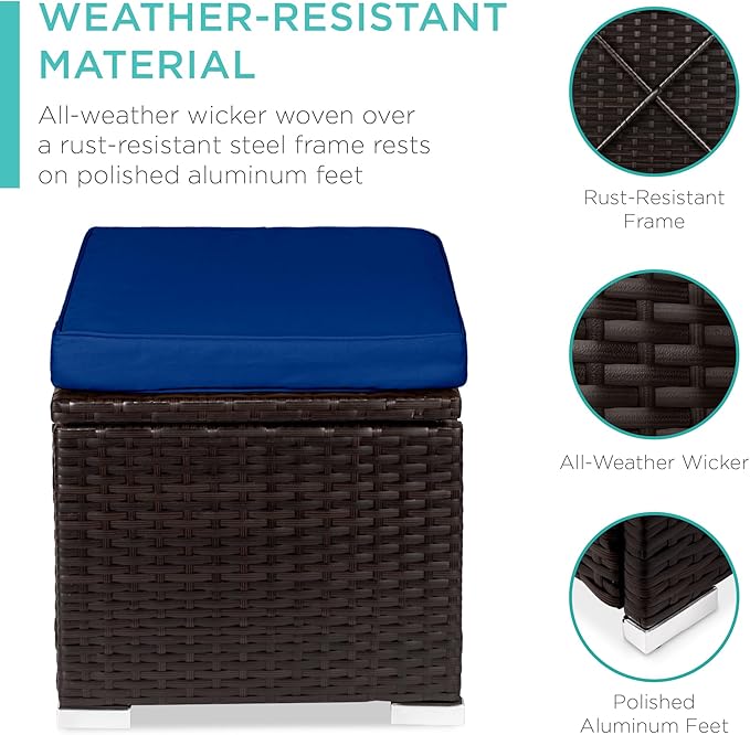 Best Choice Products Set of 2 Wicker Ottomans, Multipurpose Outdoor Furniture for Patio, Backyard, Additional Seating, Footrest, Side Table w/Storage, Removable Cushions - Navy/Brown