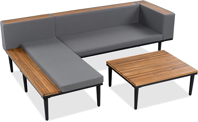 Modern Acacia Wood Patio Furniture Set with Removable Cushions, Coffee Table and Side Table - Photo 8