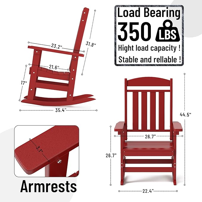 Outdoor Rocking Chairs Set of 8, Oversized High Back Patio Rocking Chairs, All Weather Porch Rocking Chairs for Outside. Red