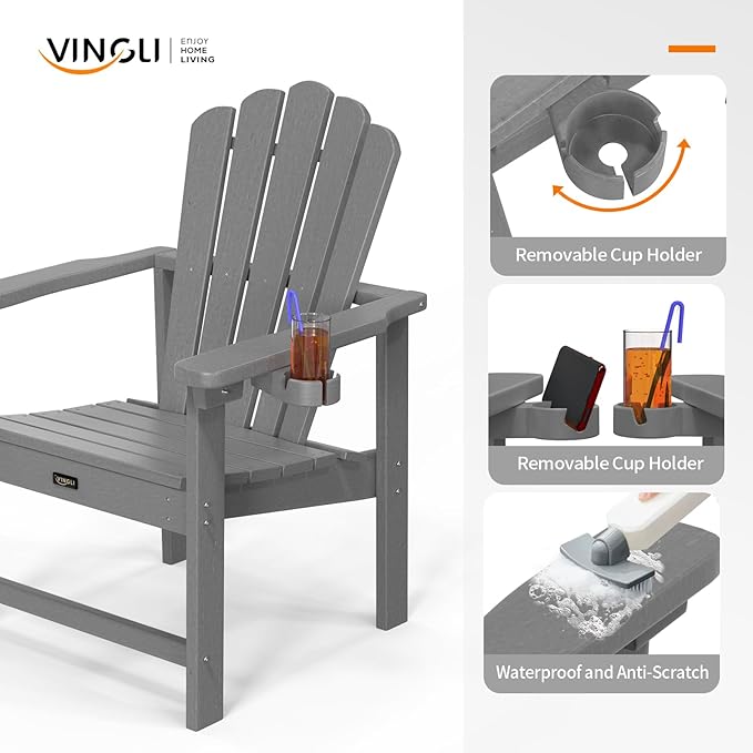 VINGLI Plastic Folding Adirondack Chair with Cup Holder, 100% Recyclable HDPE Material, Comfortable 380lb Weight Capacity for Outdoor Pool Patio Lounge Chair Lawn Furniture Fire Pit, 2 Pack,Gray