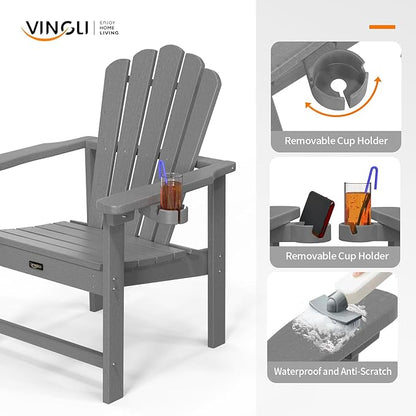 VINGLI Plastic Folding Adirondack Chair with Cup Holder, 100% Recyclable HDPE Material, Comfortable 380lb Weight Capacity for Outdoor Pool Patio Lounge Chair Lawn Furniture Fire Pit, 2 Pack,Gray