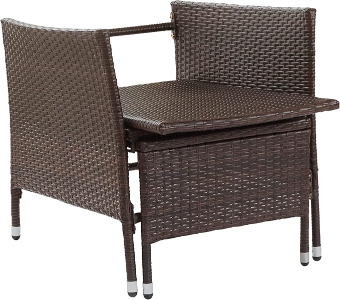 Teamson Home Outdoor PE Rattan Patio Lounge Chair with Pull-Out Ottoman and White Weather-Resistant Cushions Patios, Decks, Gardens, Poolside, Balconies, or Sunrooms, Brown