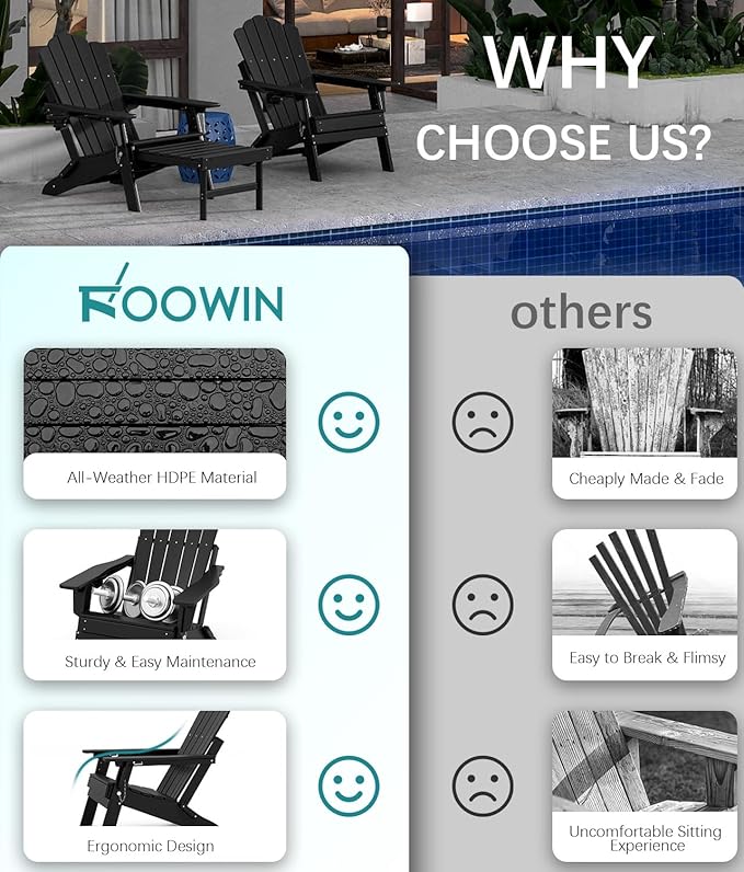 FOOWIN Adjustable Adirondack Chair with Retractable Ottoman Set of 8, Folding Adirondack Chair with Cup Holder, HDPE All-Weather Fire Pit Chair for Patio, Yard, Poolside, Black
