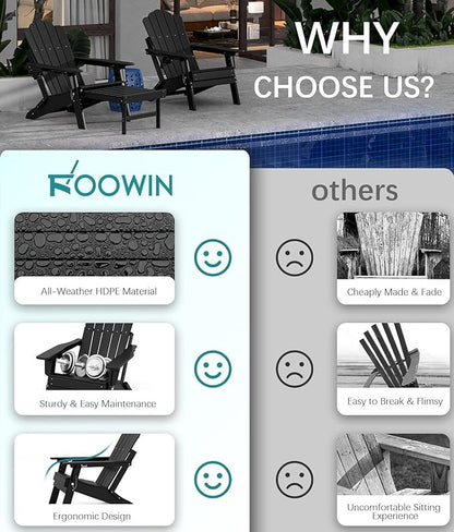 FOOWIN Adirondack Chair Set of 4, Folding HDPE Patio Chairs with Cup Holder, 400LBS Heavy Duty Fire Pit Chairs for Garden, Deck, Backyard, Weather Resistant, Easy Assembly,Black