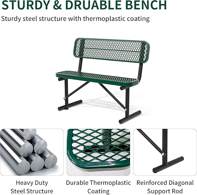 4 Ft Metal Park Bench for Outside, All-Weather Thermoplastic Coating Outdoor Bench with Backrest, Commercial Heavy Duty Benches for Shopping Malls, Stores, Parks, Patios, Decks, Blue