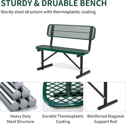 4 Ft Metal Park Bench for Outside, All-Weather Thermoplastic Coating Outdoor Bench with Backrest, Commercial Heavy Duty Benches for Shopping Malls, Stores, Parks, Patios, Decks, Blue