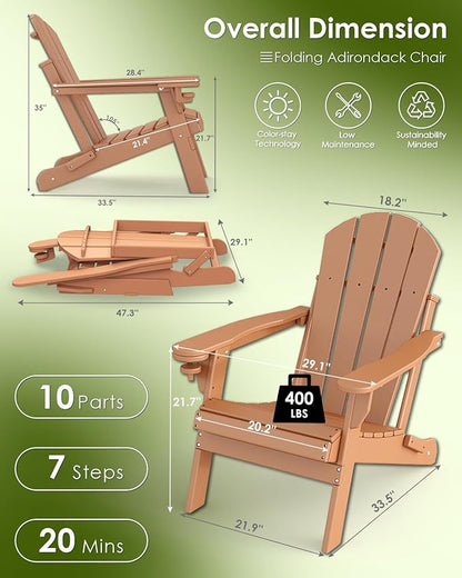 GREENVINES Folding-Adirondack-Chairs-Set-of-2 | HDPE Plastic | Fire Pit Chair | All Weather | Cup Holder | Teak | for Deck Backyard Patio Outdoor Garden