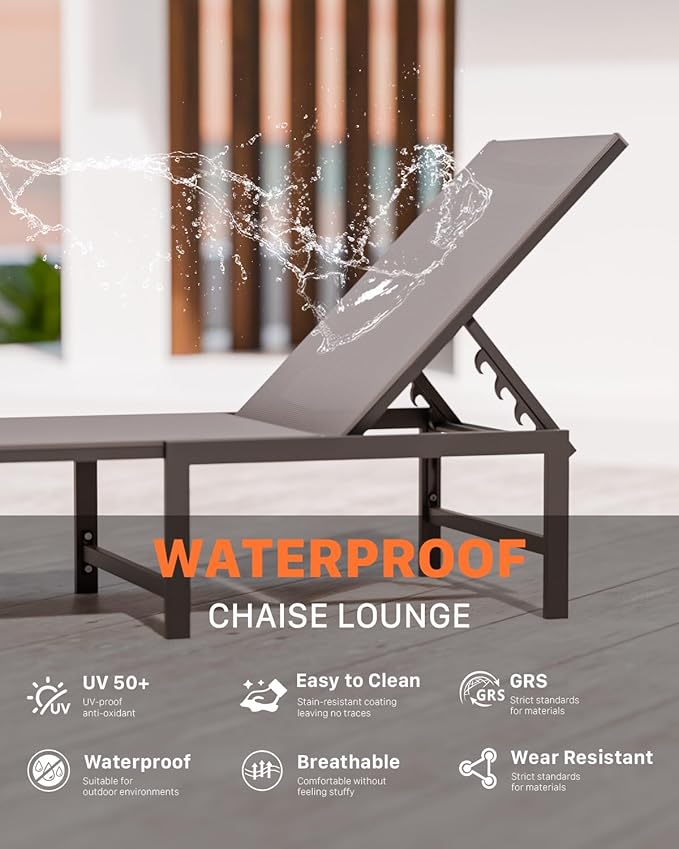Chaise Lounge Chair Outdoor,Aluminum Patio Lounge Chairs Set of 2,Pool Lounge Chairs with 5 Adjustable Backrest and Headrest Pillows for Outside Beach,Gray