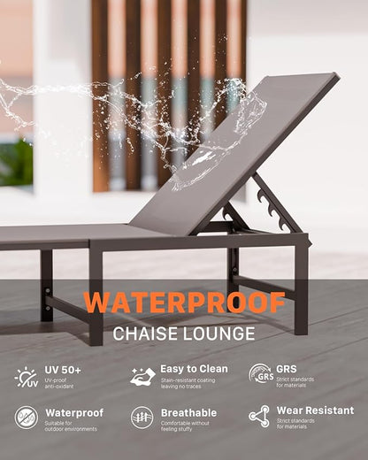 Chaise Lounge Chair Outdoor,Aluminum Patio Lounge Chairs Set of 2,Pool Lounge Chairs with 5 Adjustable Backrest and Headrest Pillows for Outside Beach,Gray