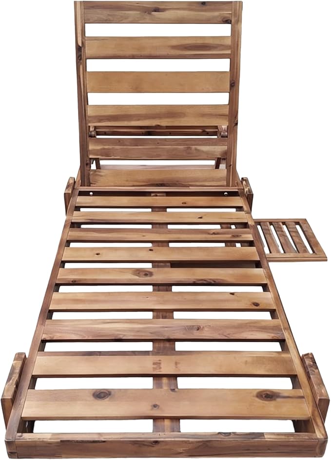 Acacia Wood Outdoor Patio Chaise Lounge Chair, All Weather Reclining Chairs Lounge Chairs with Adjustable Reclining Backrest and Cushions for Terrace, Poolside, Garden, and Beach (Beige-1.26)