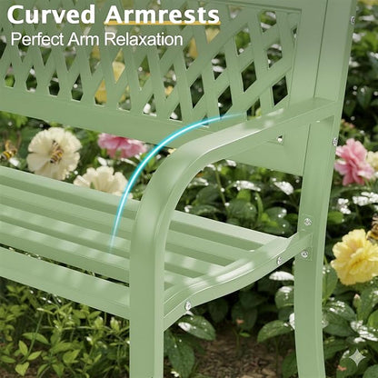 Outvita Outdoor Bench, 47" Iron Steel Frame Garden Bench with Mesh Pattern and Plastic Backrest Armrests, Patio Bench for Garden Park Yard Front Porch Patio, Green