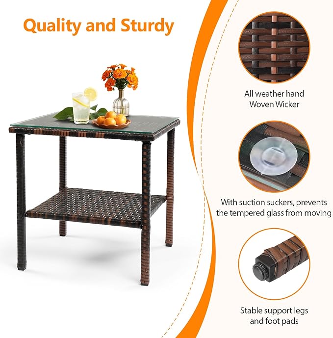 VINGLI Outdoor Wicker Side Table Patio Side Tables for Outside, Tempered Glass Top Wicker Table with Storage End Table for Patio Balcony Porch Deck (Brown)