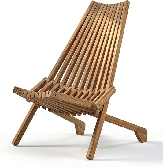 Folding Wooden Outdoor Chair, Stylish Low Profile Acacia Wood Lounge Chair for The Porch, Lawn, Garden or Outdoor Patio Furniture, Natural (1 Pack)