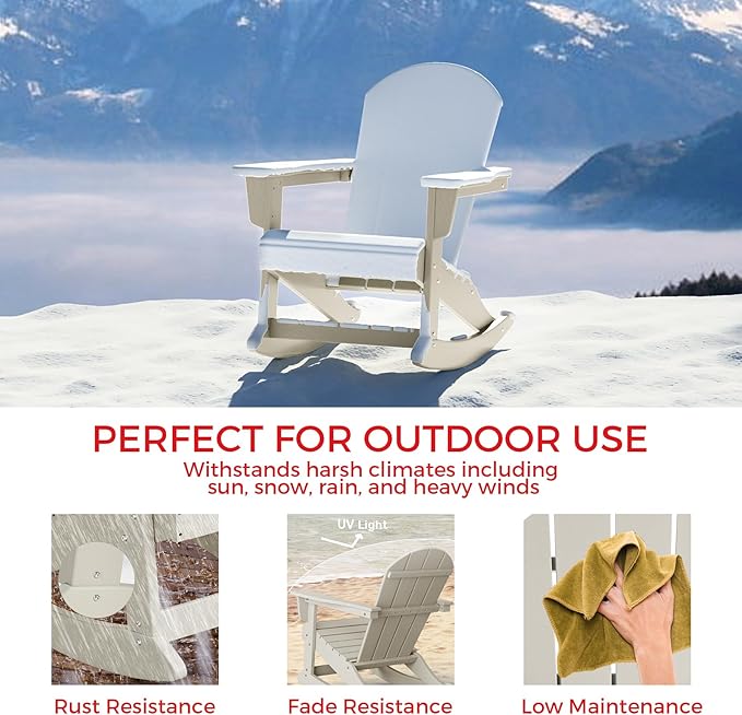 Costaelm Outdoor Adirondack Chair Set of 2, All Weather Resistant Classic Balcony Chair and Fire Pit Chairs, Adirondack Plastic Outdoor Porch Furniture Rocking Chair High Back HDPE Poly Lumber, Sand