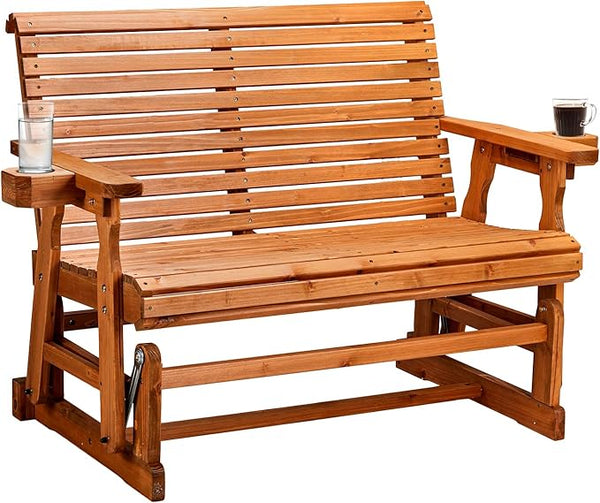 VINGLI Outdoor Glider Wood Patio Chair with Cup Holders, Outdoor Bench Glider Loveseat with Smooth Rocking Mechanism - Photo 1