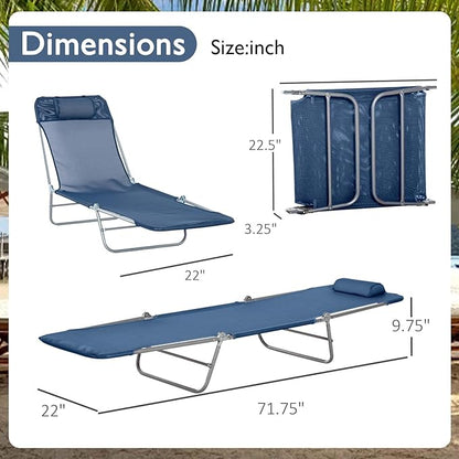 Folding Chaise Lounge Pool Chair, Patio Sun Tanning Chair, Outdoor Lounge Chair with 6-Position Reclining Back, Breathable Mesh Seat, and Headrest for Beach, Yard, Patio(Blue1)