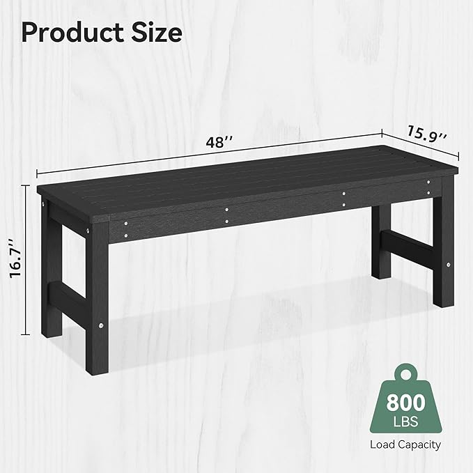48" HDPE Outdoor Bench, All-Weather & Fade-Resistant 2-Person Garden Bench, Low Maintenance Patio Bench for Garden, Porch & Patio,Black