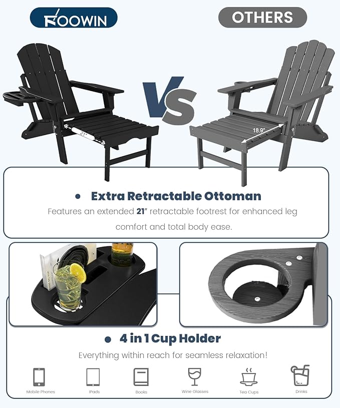 FOOWIN Folding Adjustable Adirondack Chair with Retractable Ottoman Set of 4,HDPE Adirondack Chair w/4 in 1 Cup Holder Trays,All-Weather Resistant Fire Pit Chair for Outdoor Patio Lawn, Black