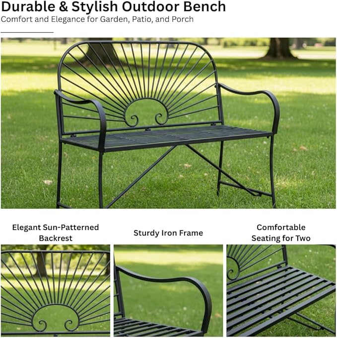 XBrand 44" L Iron Sun-Patterned Seat for Two, Patio & Porch Furniture for Park, Yard, Lawn, Balcony, Backyard – Black - Photo 6
