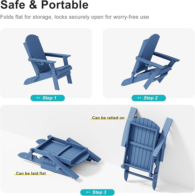 HDPE Foldable Adirondack Outdoor Chair with Cup Holder, Weather Resistant Heavy-Duty Patio Chair for Patio, Backyard, Deck, Fire Pit, Lawn and Porch, Light Blue