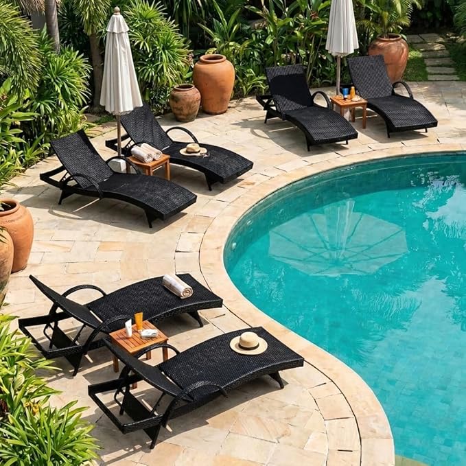 Wicker Outdoor Lounge Chairs with Pull Out Side Table, Pool Lounge Chairs Set of 6, Rattan Outdoor Lounger, Adjustable Backrest Patio Chaise Lounges for Garden, Backyard, Tanning Chair, Black